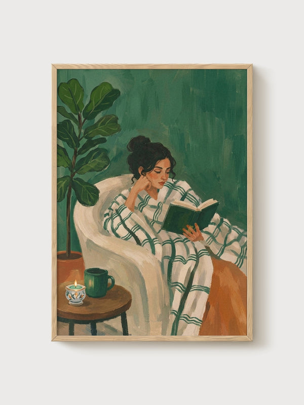 Cozy Reading Woman Japandi Wall Art poster in oak frame
