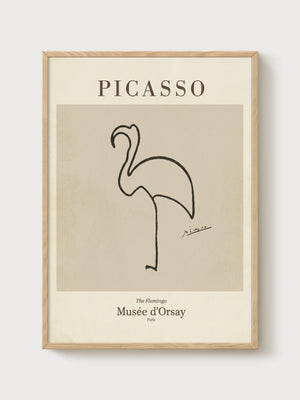 Picasso Flamingo Line Art Print poster in oak frame
