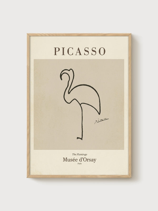 Picasso Flamingo Line Art Print poster in oak frame