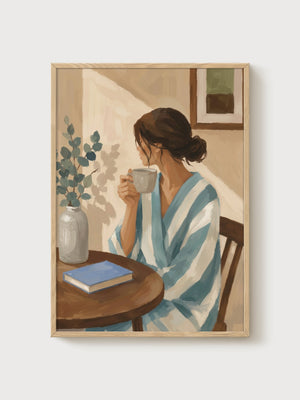 Morning Coffee Art Print poster in oak frame