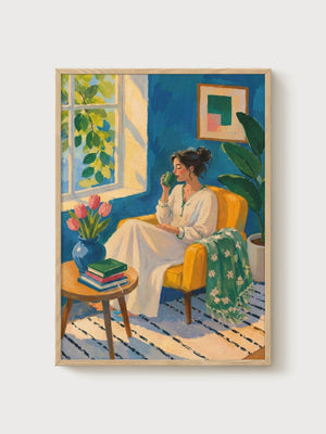 Cozy Reading Nook Wall Art poster in oak frame