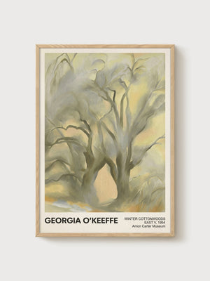 Georgia O'Keeffe Winter Cottonwoods Art Print poster in oak frame
