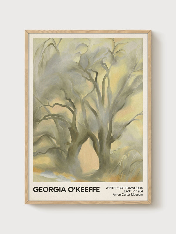 Georgia O'Keeffe Winter Cottonwoods Art Print poster in oak frame
