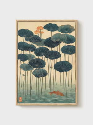 Japanese Lotus Pond Koi Fish Print poster in oak frame