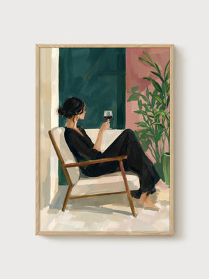 Woman with Wine Poster poster in oak frame
