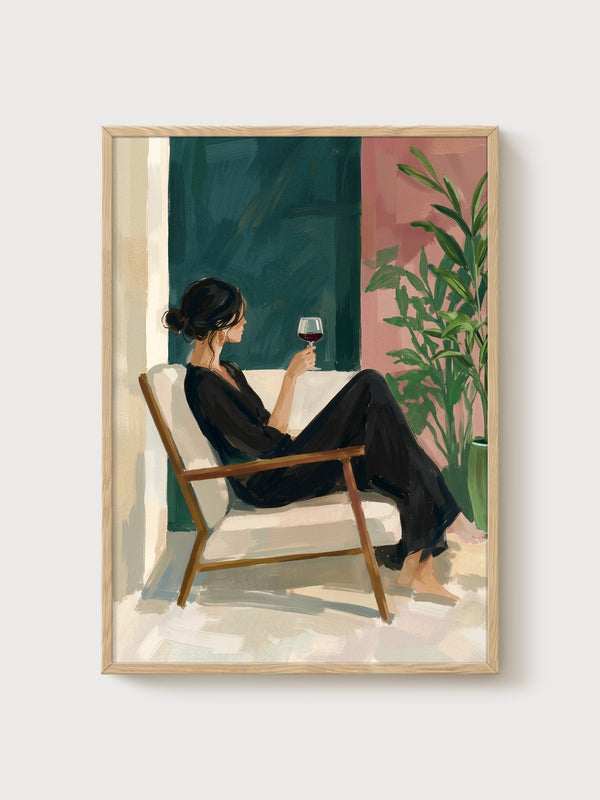 Woman with Wine Poster poster in oak frame