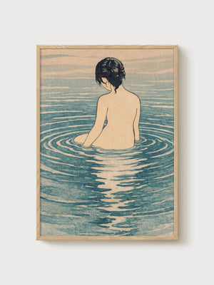 Japanese Woodblock Bather Print poster in oak frame