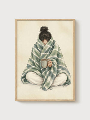 Cozy Coffee Watercolor Print poster in oak frame
