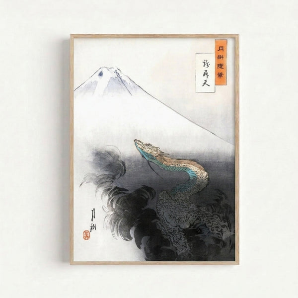 Japandi-style framed poster depicting Mount Fuji landscape with an eagle in flight over turbulent waters rendered in soft cream and muted blue-green hues.