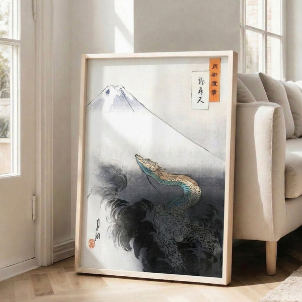 Japanese-inspired wall art featuring Mount Fuji's iconic peak, soaring eagle, and dynamic wave composition in serene blue-green, charcoal, and warm cream tones.