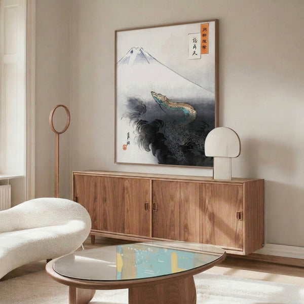 Woodblock-style framed poster capturing the majesty of Mount Fuji with an eagle and waves in a contemplative palette of muted blues, grays, and creams.