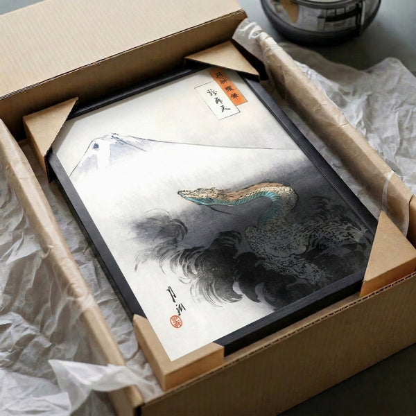 Japandi wall hanging displaying Mount Fuji with an eagle in flight over waves, rendered in the traditional woodblock aesthetic with serene blue-green and charcoal tones.