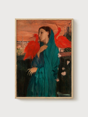Young Woman With Ibis Wall Art poster in oak frame