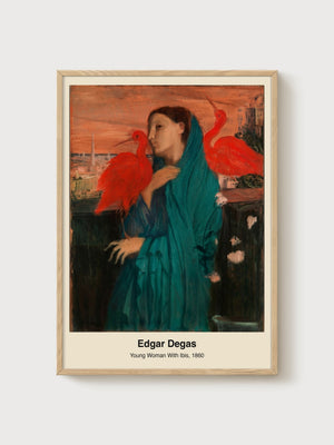 Young Woman With Ibis Wall Art poster in oak frame
