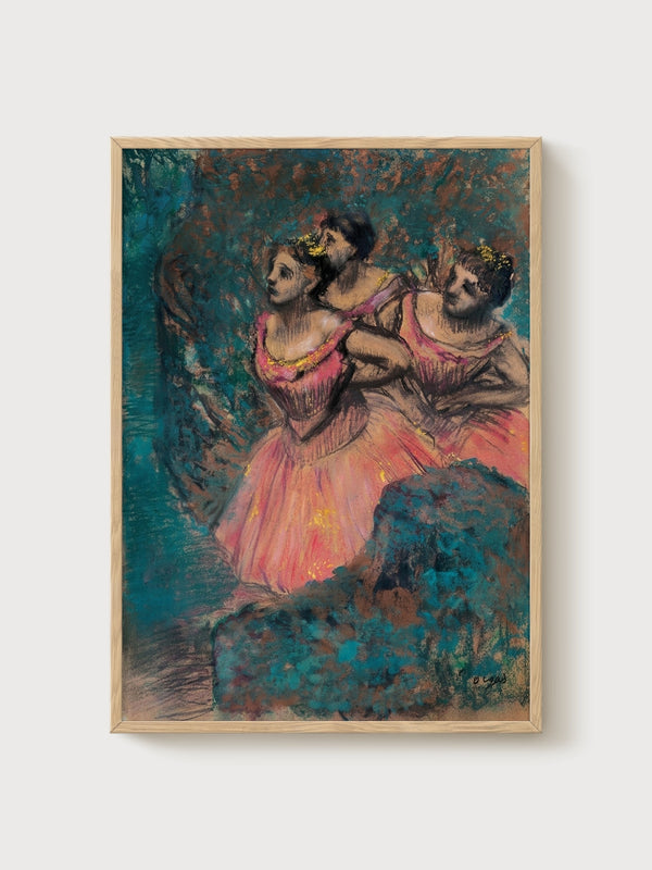 Edgar Degas Three Dancers In Red Costume Poster poster in oak frame