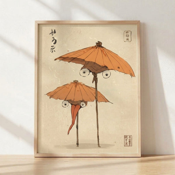 Whimsical Japanese woodblock art print featuring playful umbrella yokai creatures and birds in cream, terracotta, and charcoal tones, framed on a wall.