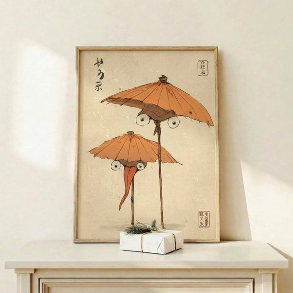 Curious creatures and birds gather around an umbrella in this charming line art print inspired by Japanese woodblock style, rendered in warm rust and cream hues.