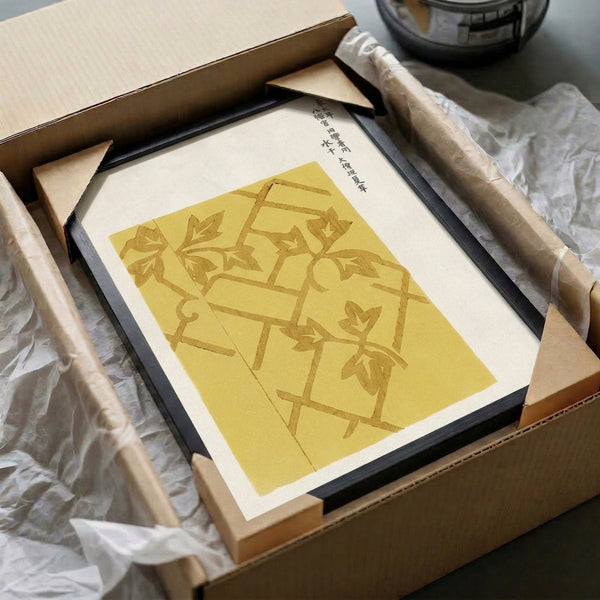 Framed artwork displaying interlocking ivy branches and trellis lattice in pale mustard and cream, embodying the peaceful, meditative essence of Japanese artistic design.