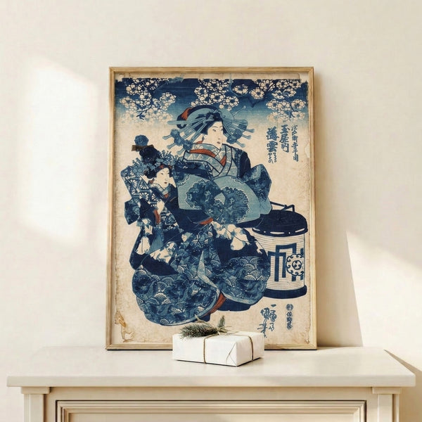 Japandi-style framed poster of a poised geisha in traditional kimono rendered in indigo and coral tones, accompanied by a smaller figure among cherry blossoms, evoking nostalgic cultural elegance.