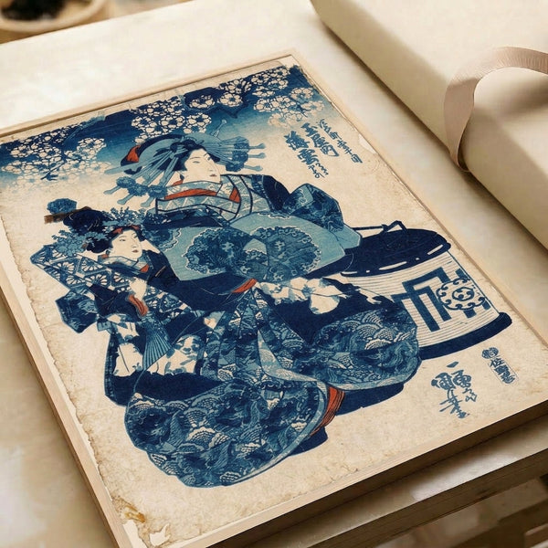 Nostalgic ukiyo-e woodblock poster featuring an elegant geisha in patterned kimono with coral red and indigo tones, attended by a smaller figure, cherry blossoms, and lantern in soft, refined palette.