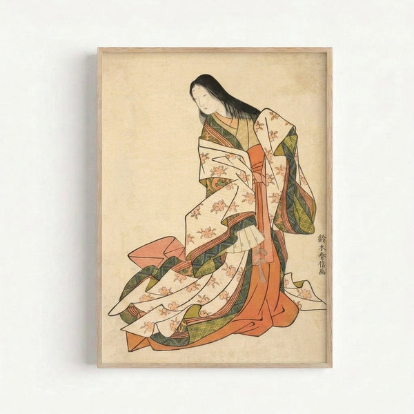 Serene ukiyo-e style portrait of a geisha wearing a richly patterned kimono in pale orange and black, with delicate flower details, displayed as wall art.