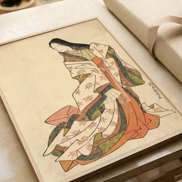 Ornamental ukiyo-e style print capturing the refined beauty of a kimono-clad figure surrounded by botanical designs in cream, coral, olive, and black tones.