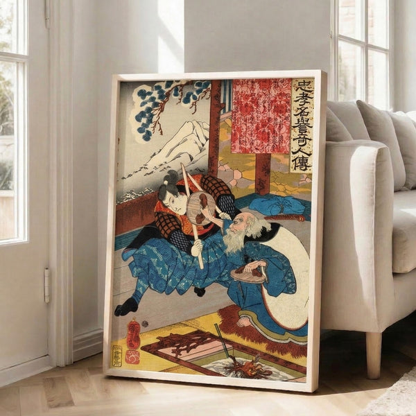 Edo-inspired woodblock print with dramatic narrative between two figures in interior space, cream and indigo dominant with red-orange accents and yellow-gold highlights.