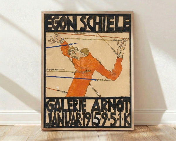 Expressionist vintage poster featuring an angular male figure with outstretched hands against cream and charcoal tones, accented with orange-red and blue; Art Nouveau framed print.