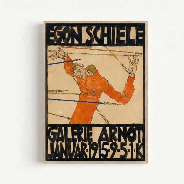 Dynamic Bauhaus-style artwork depicting a contorted figure with prominent hands and rope elements in earthy cream, rust, and olive hues; vintage gallery poster on wall.
