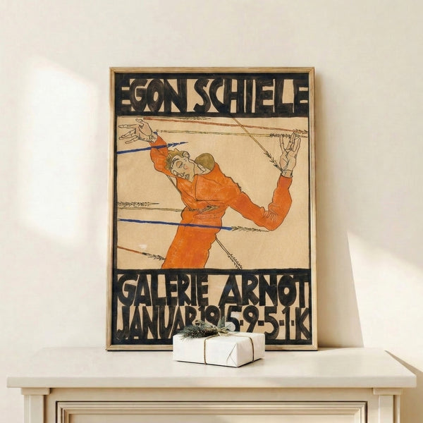 Angular figure study in vintage Bauhaus design with wire-like linework and expressive hands against cream background with burnt orange and charcoal accents; gallery poster art.