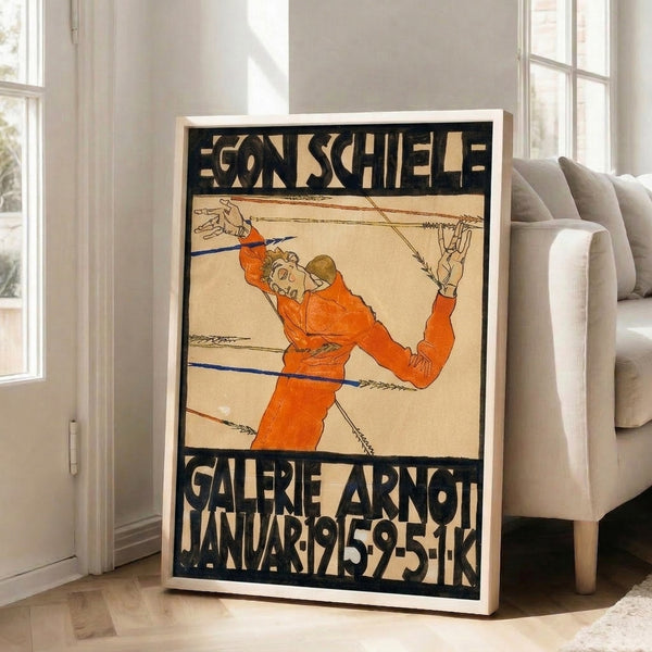 Expressionist male figure with straining hands and dynamic pose in cream, rust-orange, and blue tones; vintage 1915 Art Nouveau style framed wall art.