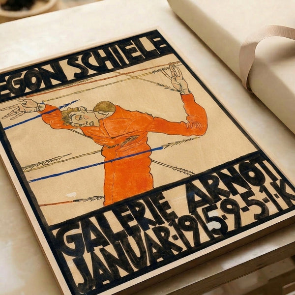 Charcoal and cream vintage poster featuring an emotionally charged figure with prominent hands and rope motif; bold orange-red and olive accents in Bauhaus design.