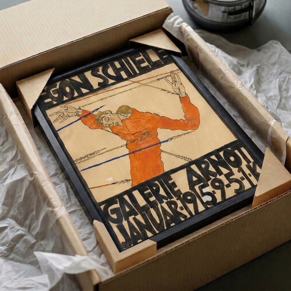 Dark academia-appropriate expressionist print showing a contorted man with animated hands against warm cream and cool blue palette; vintage Art Nouveau framed poster.