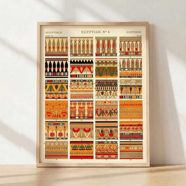 Framed Art Deco ornamental print featuring geometric Egyptian motifs in cream, red, gold, and black with scholarly, minimalist design.