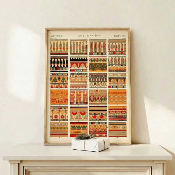 Vintage geometric border pattern poster with ancient Egyptian ornament details in cream, gold, green, and red tones, Art Deco style.
