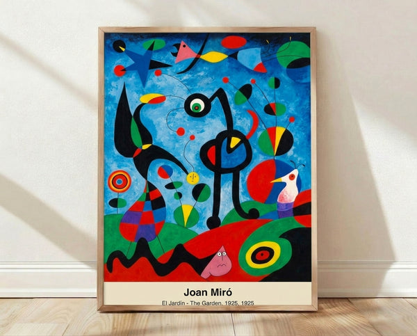 Abstract garden poster in ochre, black, and cream by Joan Miro, featuring playful organic shapes and surreal forms arranged in a dreamlike composition.