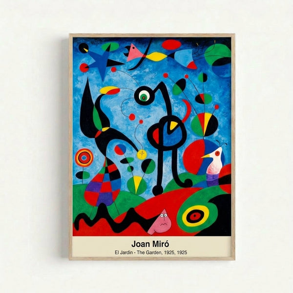 Framed Miro El Jardin print displaying muted earth tones and abstract botanical elements in a sophisticated surrealist style.