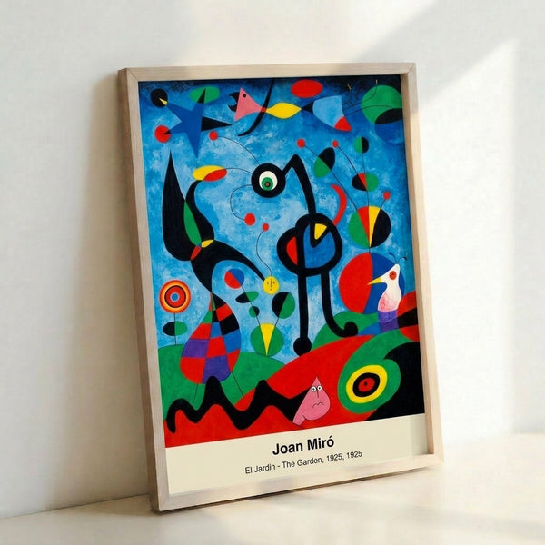 Bauhaus-inspired abstract art print with terracotta, ochre, and black shapes evoking an imaginary garden landscape.
