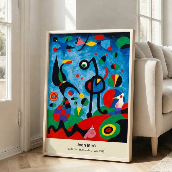 Surreal garden-themed poster featuring inventive abstract forms in warm earth tones and cream on a framed gallery wall.
