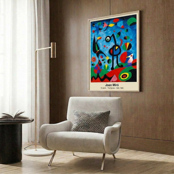 Joan Miro abstract poster art with playful geometric and organic shapes in ochre, black, and muted palette suggesting a dreamlike garden.
