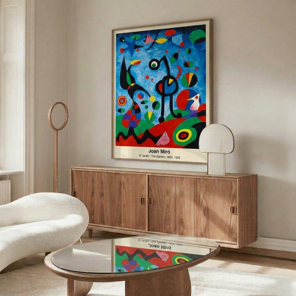 Framed surrealist print depicting an imaginary garden through abstract shapes and sophisticated color harmony of cream, terracotta, and black.