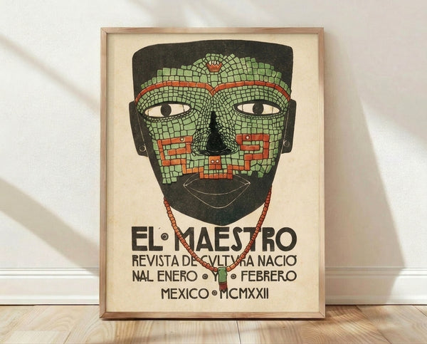 Art Deco framed poster of an ancient Mexican mosaic mask with geometric beading and necklace in sage green, rust orange, and charcoal black on cream background.