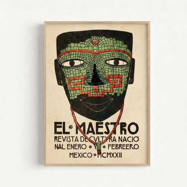 Vintage-style art print featuring a ceremonial Pre-Columbian mask rendered in bold Bauhaus geometric forms with earth-toned palette of green, orange, and black.