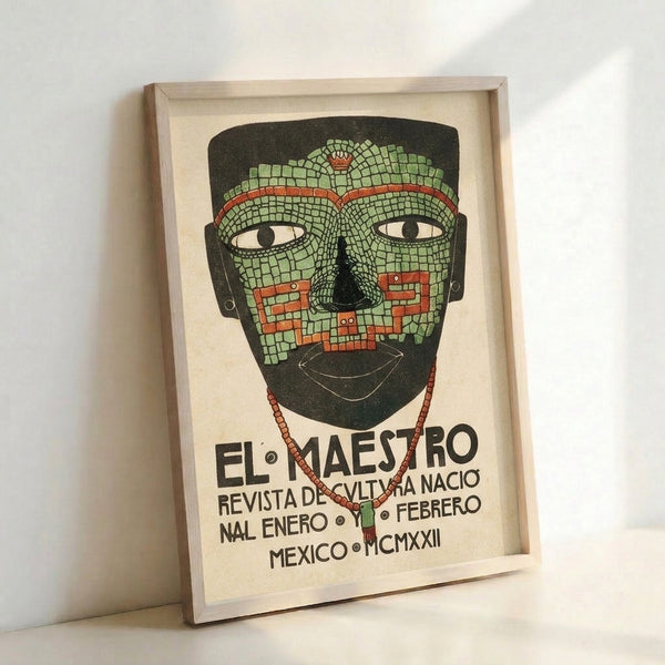 Striking El Maestro mask artwork in Art Deco design, displaying intricate mosaic beadwork and draped necklace with warm rust and cool sage tones against neutral ground.