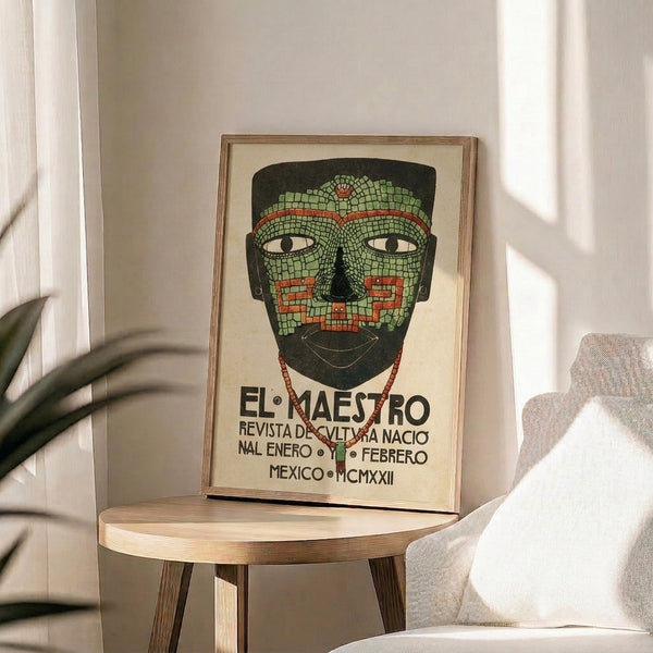 Ancient-inspired mosaic mask print in modernist Art Deco composition, featuring beaded face ornament and necklace in muted sage, rust, and black palette.