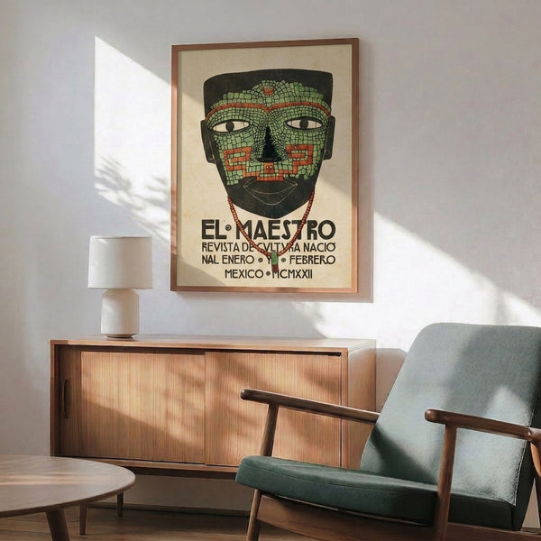 Wall art poster showcasing a geometric Bauhaus interpretation of a ceremonial Mexican mask with elaborate beading and necklace in earthy rust and sage hues.