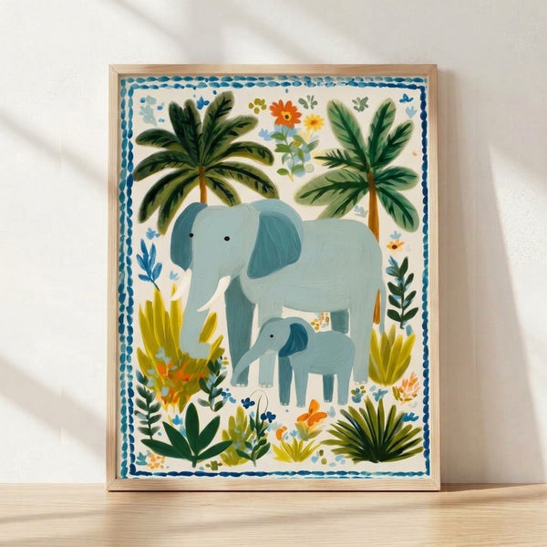 Watercolor poster of an elephant mother and calf surrounded by lush jungle foliage, palm fronds, and blooming flowers in soft sage green, cream, and golden yellow tones, framed and displayed on a wall.