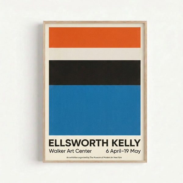 Abstract geometric art print featuring bold orange and blue forms against cream background in modern minimalist style.