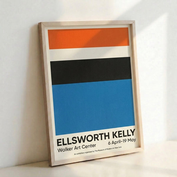 Framed contemporary poster showcasing calm geometric composition with orange, black, and blue color blocking.