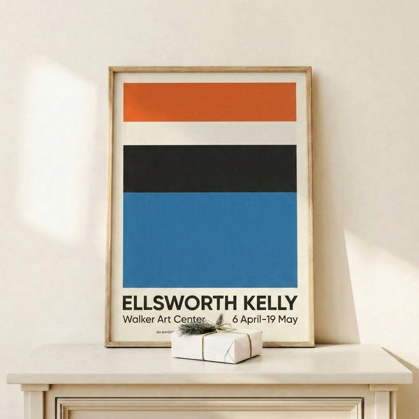 Modern Bauhaus-inspired wall art with contemplative arrangement of orange and blue shapes on cream ground.